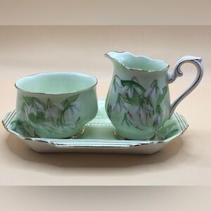 Royal Albert Vintage Laurentian “Snowdrop” Creamer & Sugar w/Tray Pale Green